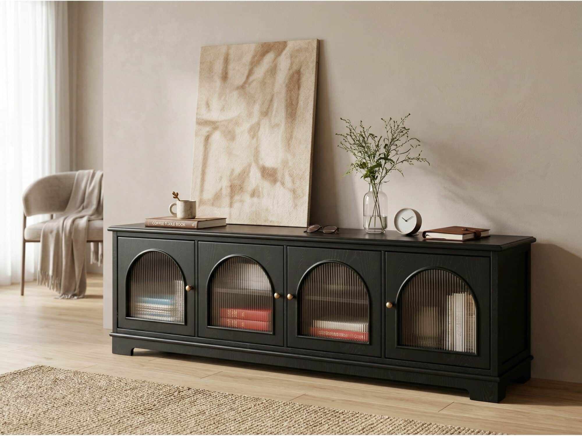 Modern Low-Profile TV Cabinet with Arched Glass Doors Freestanding Storage Console 相册图 #3 scene