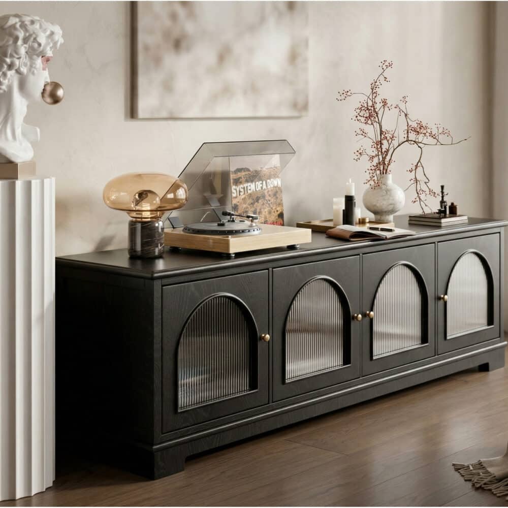 Modern Low-Profile TV Cabinet with Arched Glass Doors Freestanding Storage Console 相册图 #4 scene