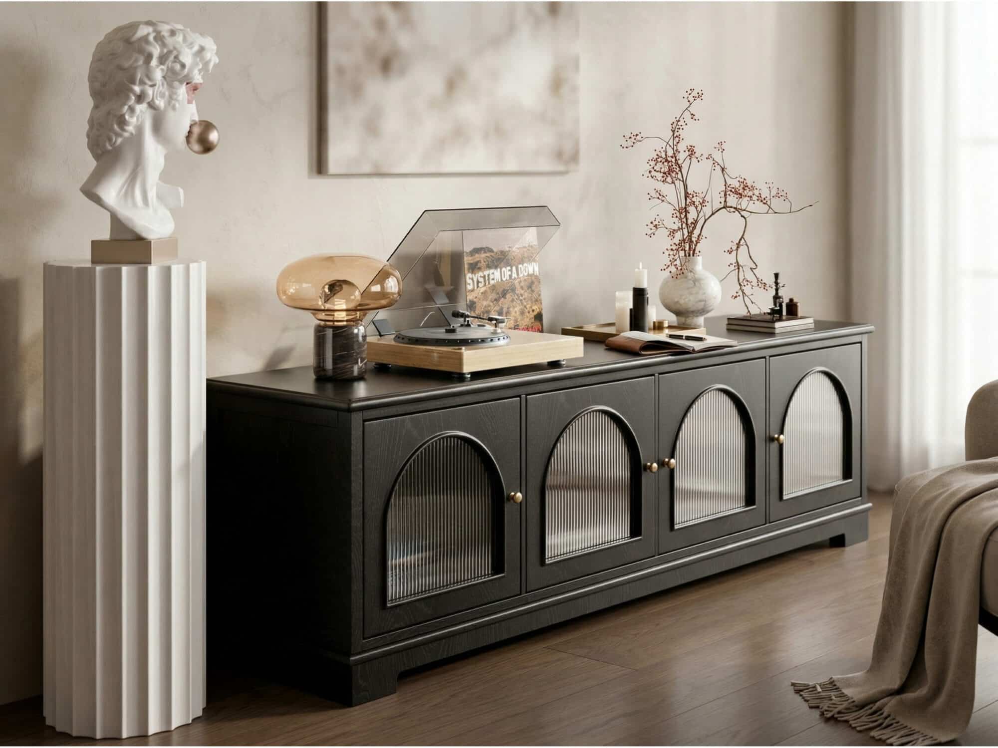 Modern Low-Profile TV Cabinet with Arched Glass Doors Freestanding Storage Console 相册图 #4 scene
