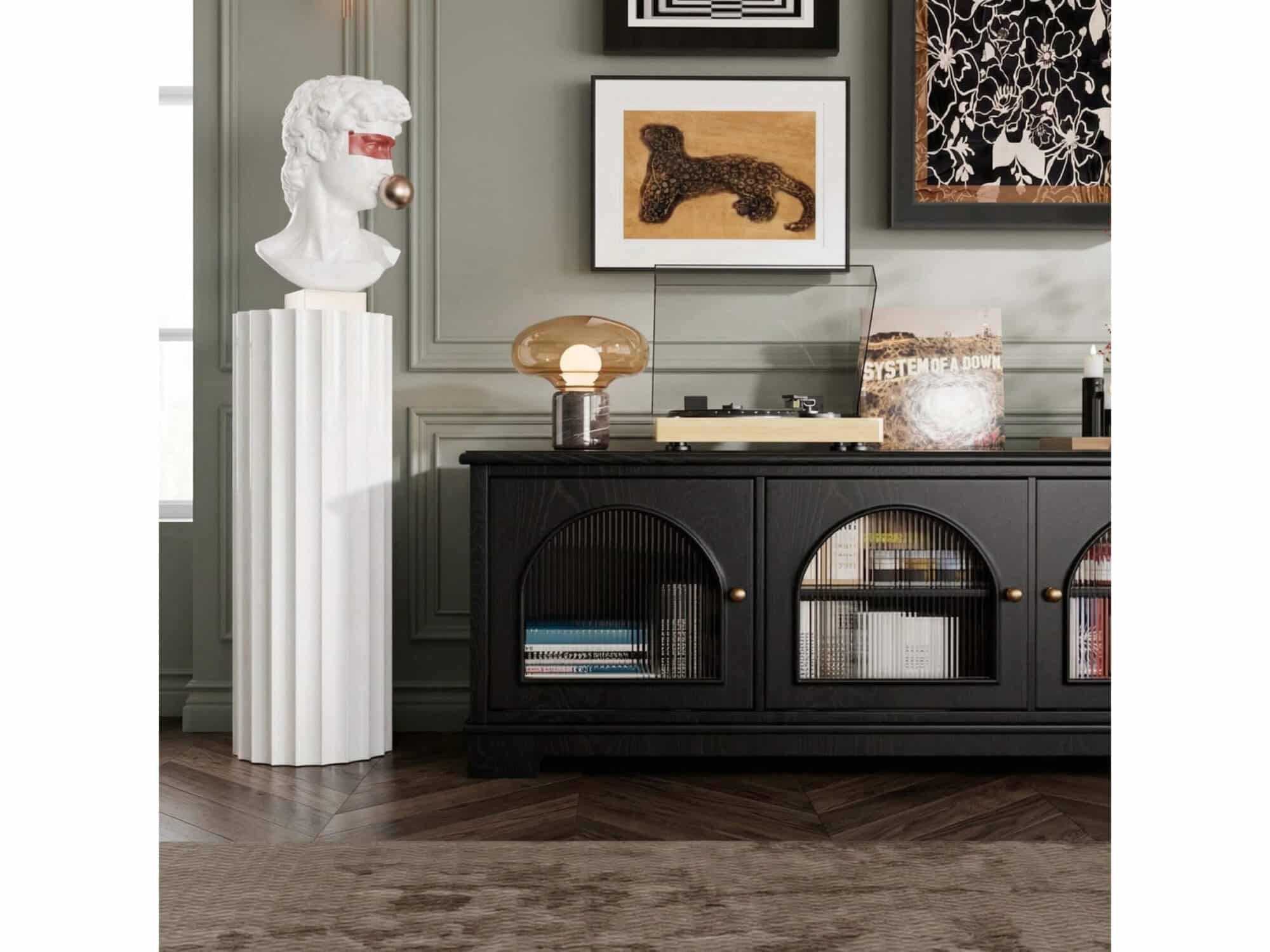 Modern Low-Profile TV Cabinet with Arched Glass Doors Freestanding Storage Console 相册图 #5 scene