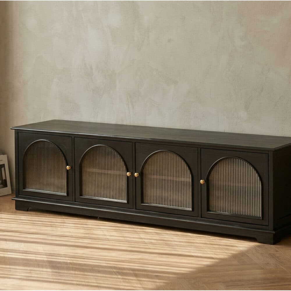 Modern Low-Profile TV Cabinet with Arched Glass Doors Freestanding Storage Console 相册图 #6 scene