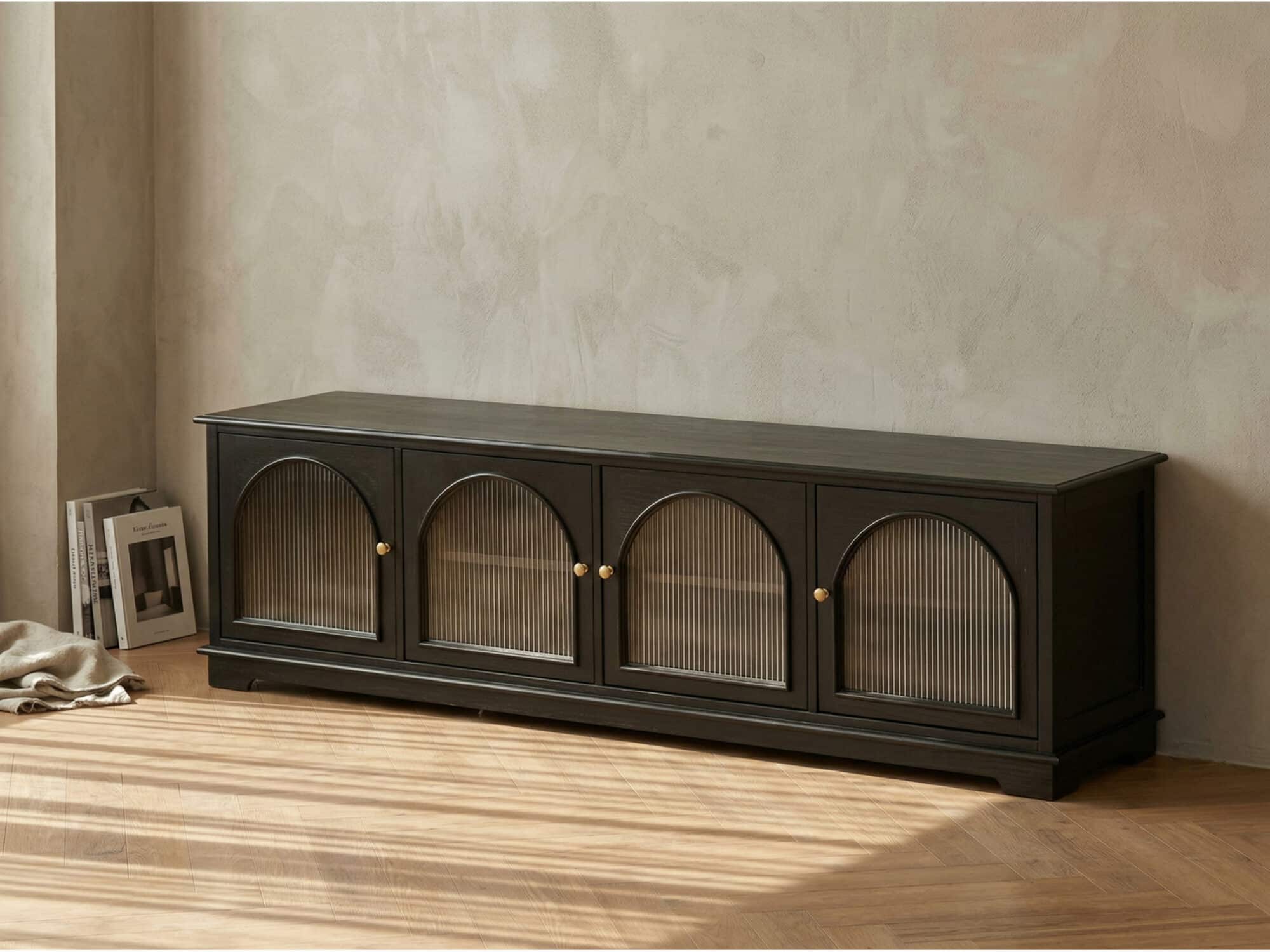Modern Low-Profile TV Cabinet with Arched Glass Doors Freestanding Storage Console 相册图 #6 scene