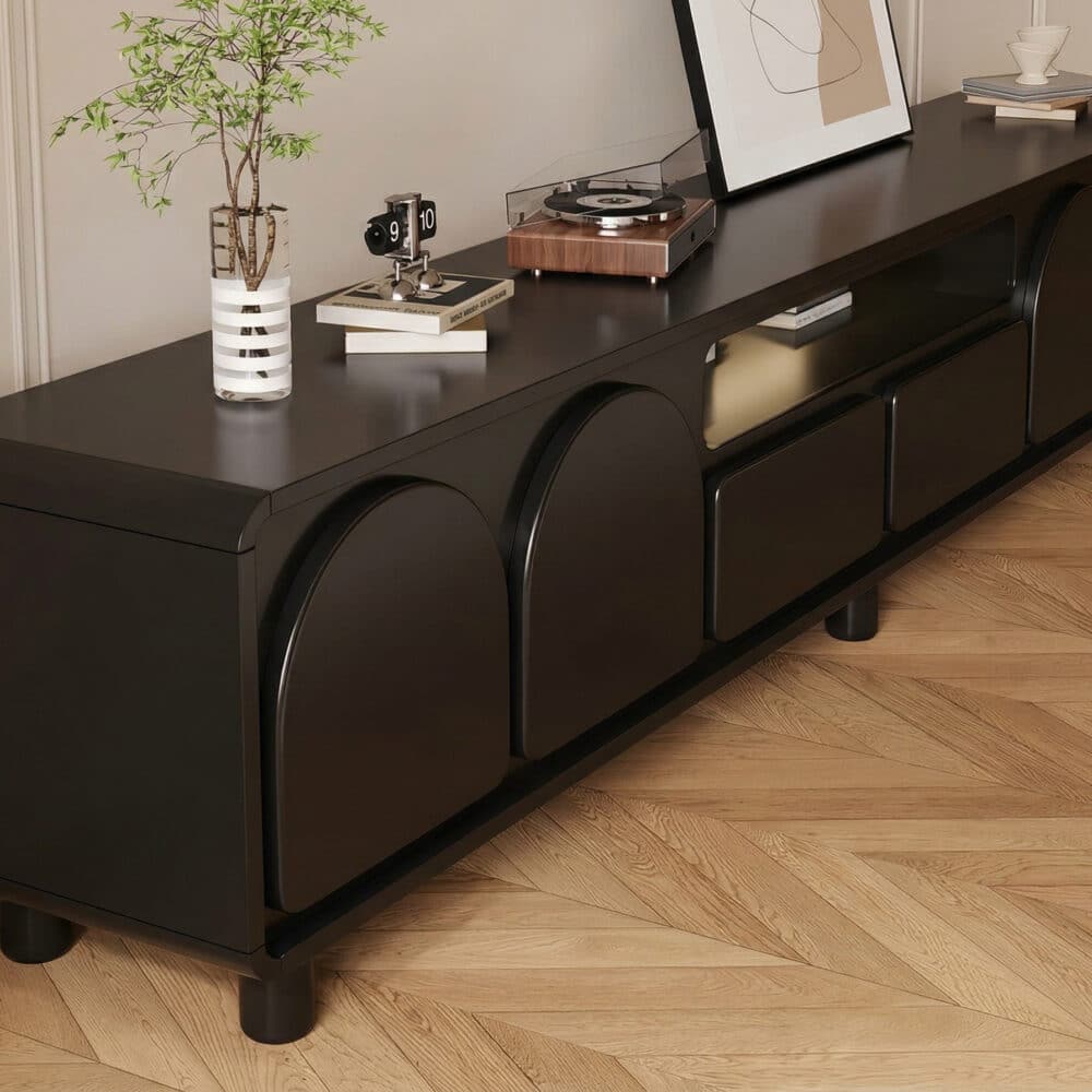 Modern Low TV Stand with Arched Cabinet Doors Black Media Console with Drawers & Open Storage - resized - 相册图 #3 Modern Low TV Stand with Arched Cabinet Doors Black Media Console with Drawers & Open Storage 相册图 #3 resized