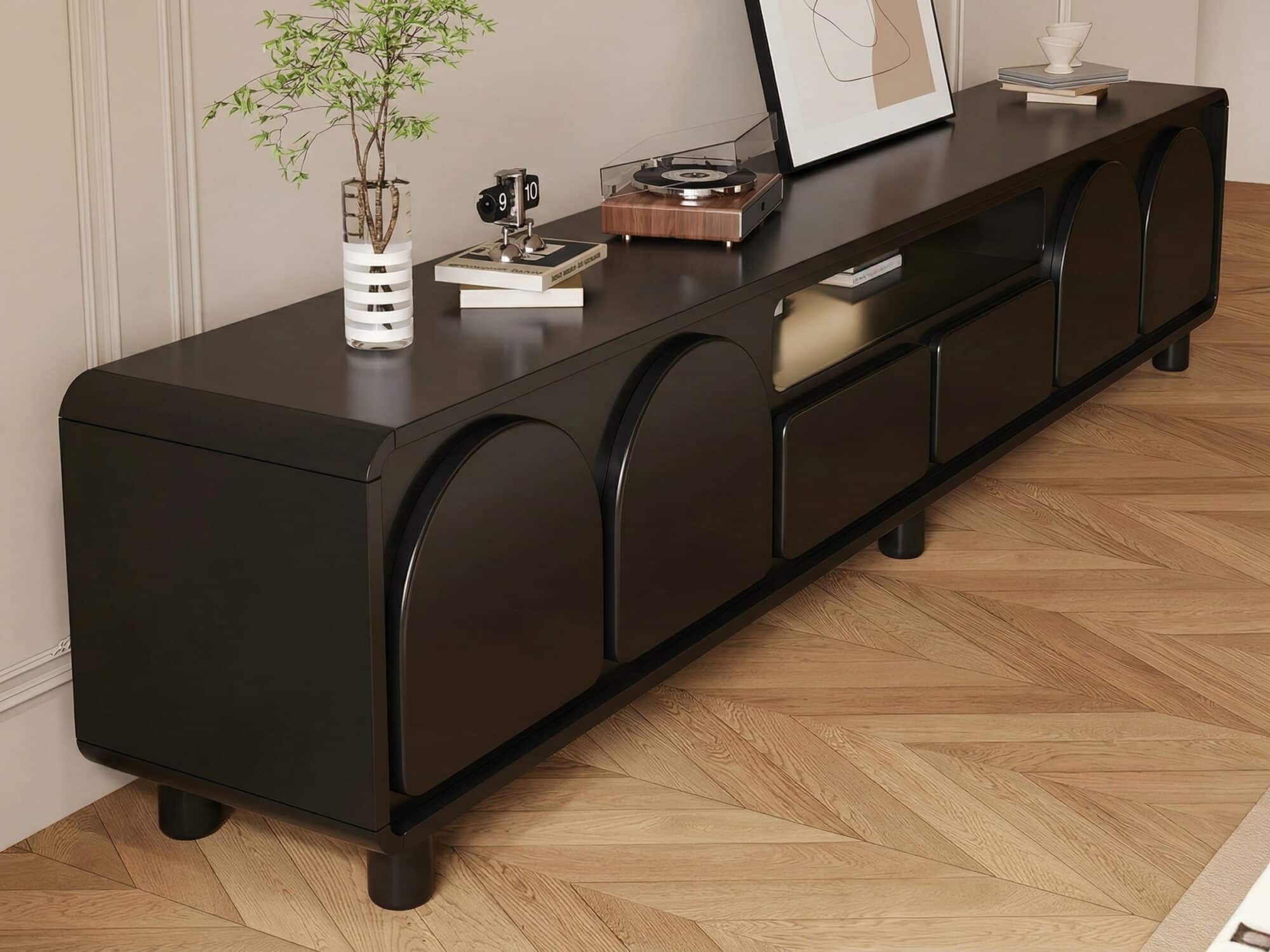 Modern Low TV Stand with Arched Cabinet Doors Black Media Console with Drawers & Open Storage - resized - 相册图 #3 Modern Low TV Stand with Arched Cabinet Doors Black Media Console with Drawers & Open Storage 相册图 #3 resized