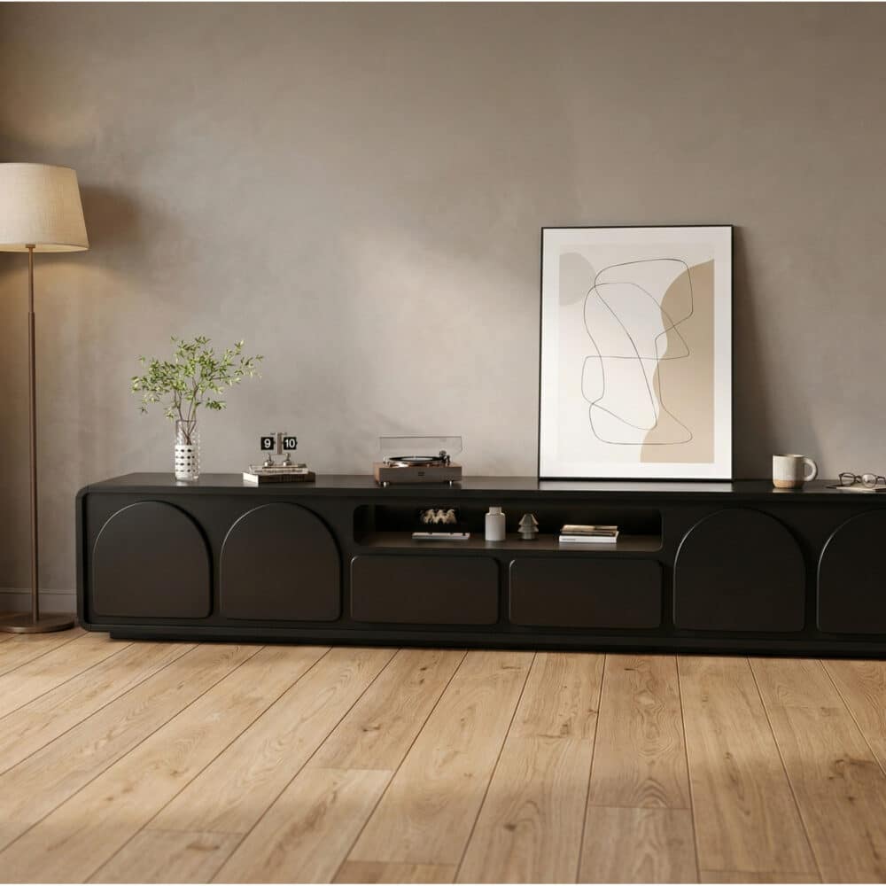 Modern Low TV Stand with Arched Cabinet Doors Black Media Console with Drawers & Open Storage - scene - 商品主图 Modern Low TV Stand with Arched Cabinet Doors Black Media Console with Drawers & Open Storage 商品主图 scene