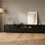 Modern Low TV Stand with Arched Cabinet Doors Black Media Console with Drawers & Open Storage 商品主图 scene