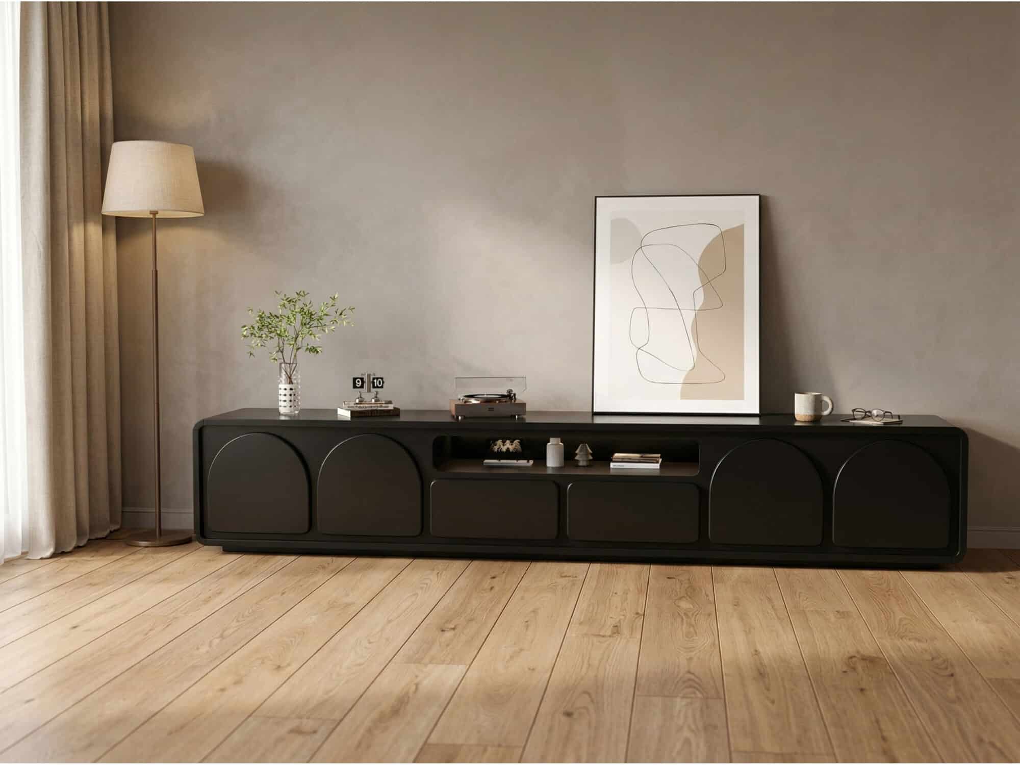 Modern Low TV Stand with Arched Cabinet Doors Black Media Console with Drawers & Open Storage - scene - 商品主图 Modern Low TV Stand with Arched Cabinet Doors Black Media Console with Drawers & Open Storage 商品主图 scene