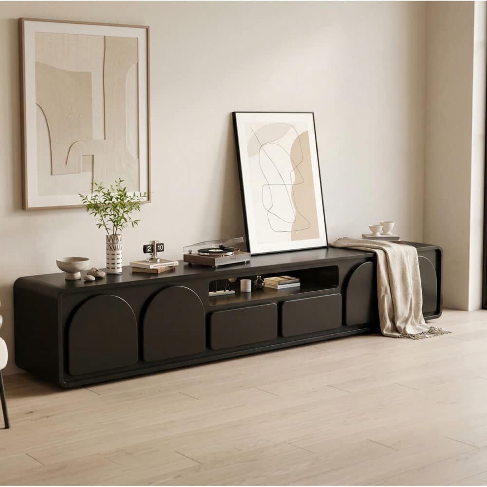 Modern Low TV Stand with Arched Cabinet Doors Black Media Console with Drawers & Open Storage - scene - 相册图 #1 Modern Low TV Stand with Arched Cabinet Doors Black Media Console with Drawers & Open Storage 相册图 #1 scene