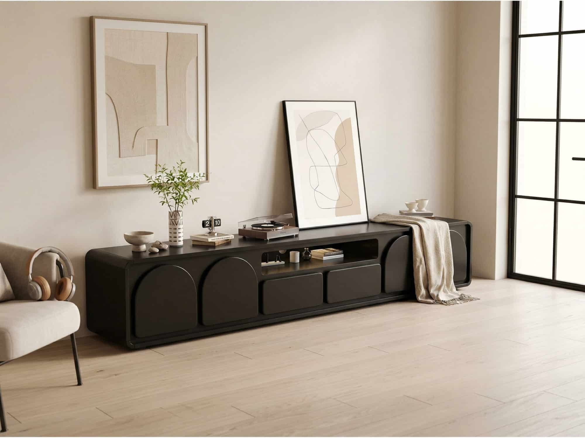 Modern Low TV Stand with Arched Cabinet Doors Black Media Console with Drawers & Open Storage - scene - 相册图 #1 Modern Low TV Stand with Arched Cabinet Doors Black Media Console with Drawers & Open Storage 相册图 #1 scene