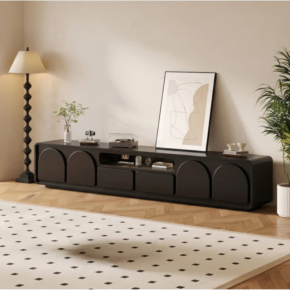 Modern Low TV Stand with Arched Cabinet Doors Black Media Console with Drawers & Open Storage - scene - 相册图 #2 Modern Low TV Stand with Arched Cabinet Doors Black Media Console with Drawers & Open Storage 相册图 #2 scene