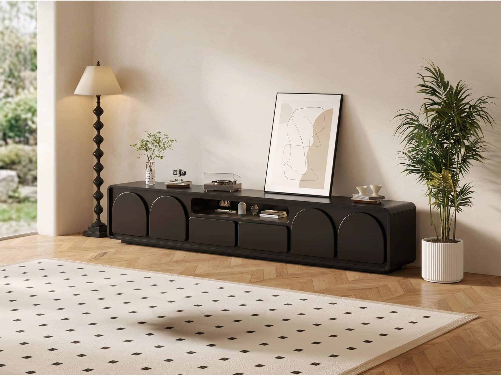 Modern Low TV Stand with Arched Cabinet Doors Black Media Console with Drawers & Open Storage - scene - 相册图 #2 Modern Low TV Stand with Arched Cabinet Doors Black Media Console with Drawers & Open Storage 相册图 #2 scene