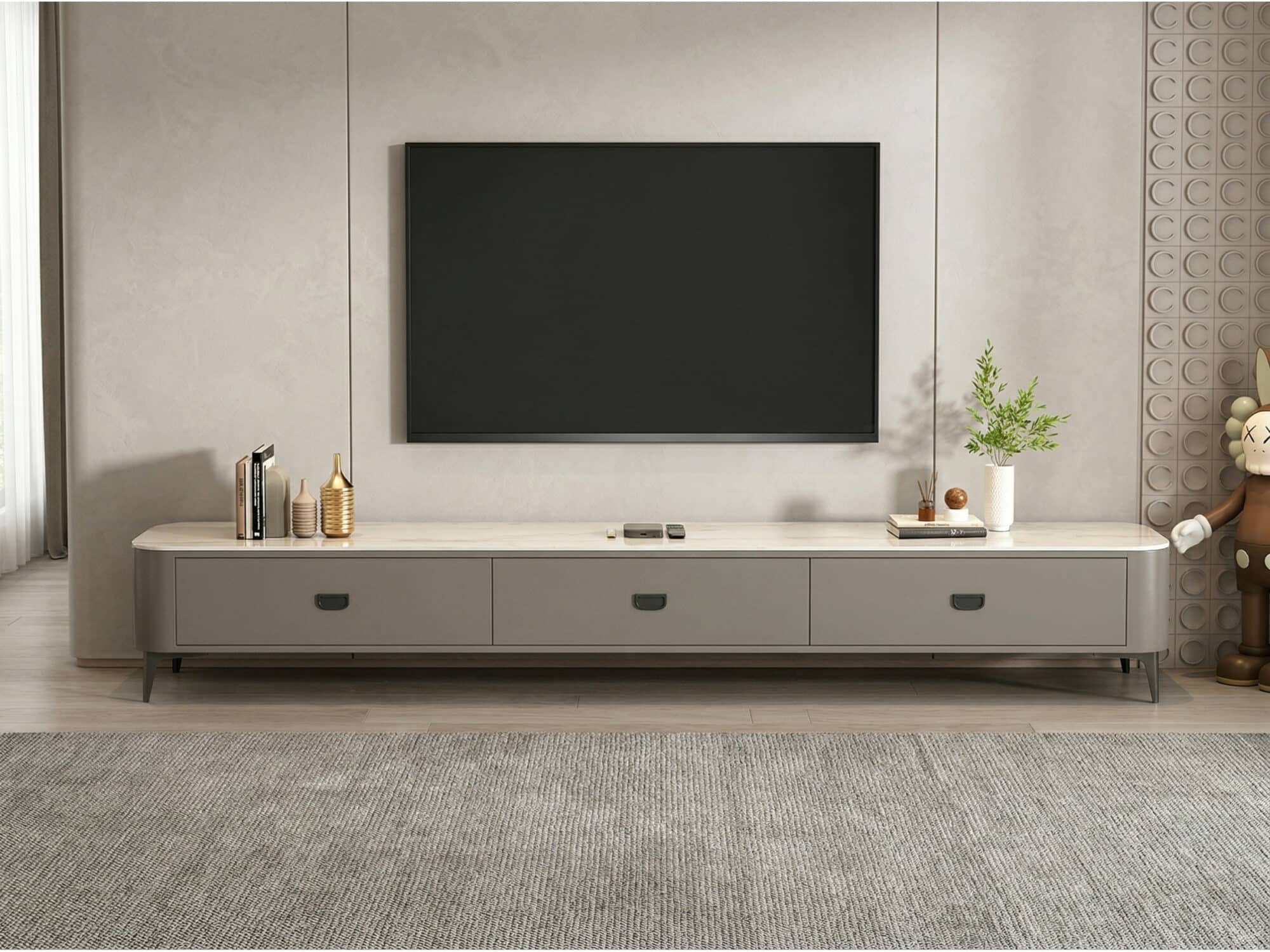 Modern Marble Top Gray TV Stand with Drawers Storage 相册图 #2 scene