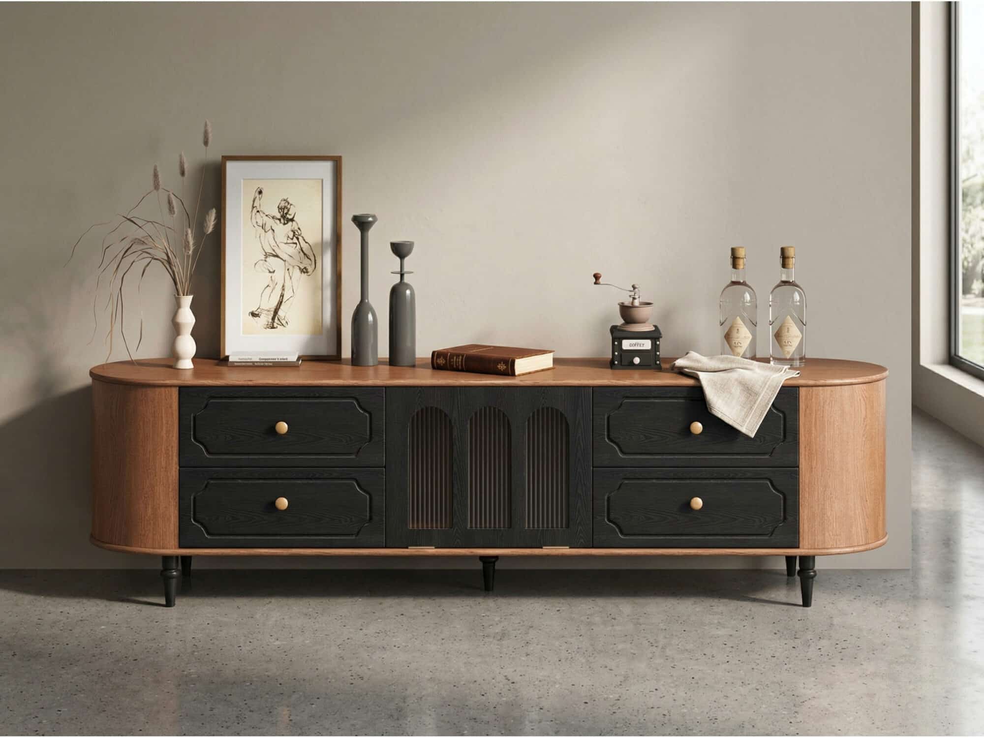 Modern TV Stand Black and Wood Color Spacious Storage 商品主图 scene