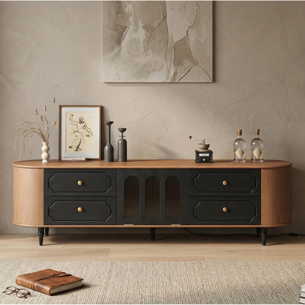 Modern TV Stand Black and Wood Color Spacious Storage 相册图 #2 scene