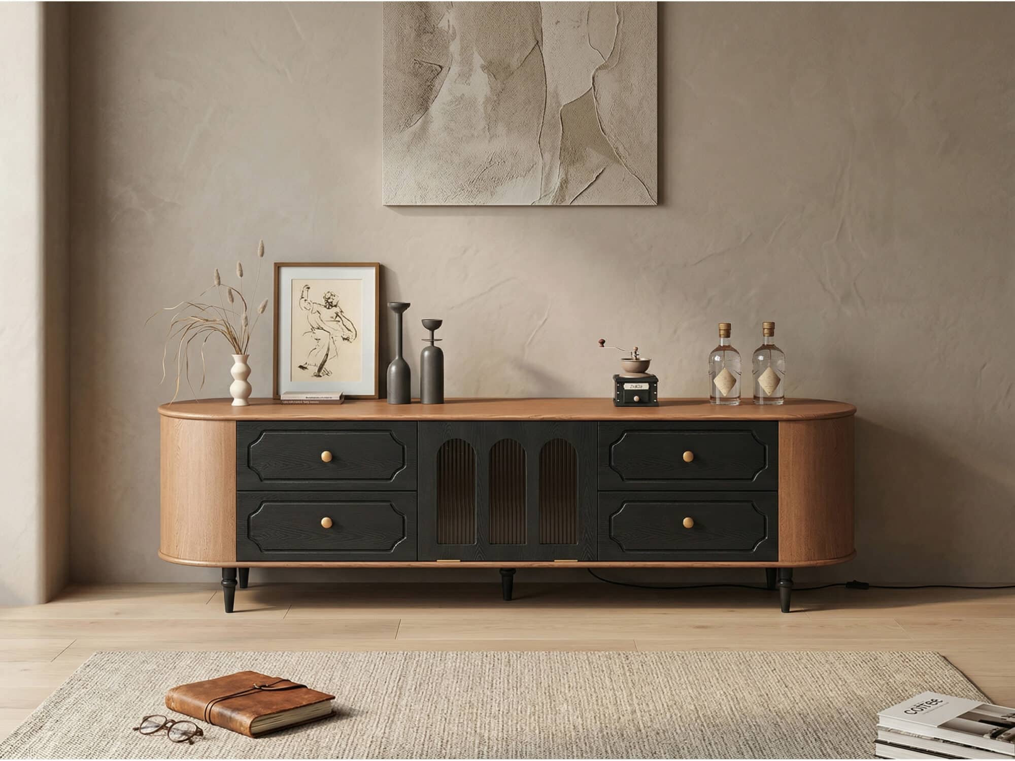 Modern TV Stand Black and Wood Color Spacious Storage 相册图 #2 scene