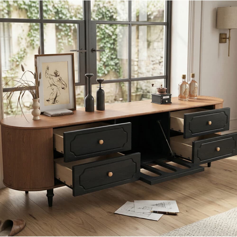 Modern TV Stand Black and Wood Color Spacious Storage 相册图 #3 scene