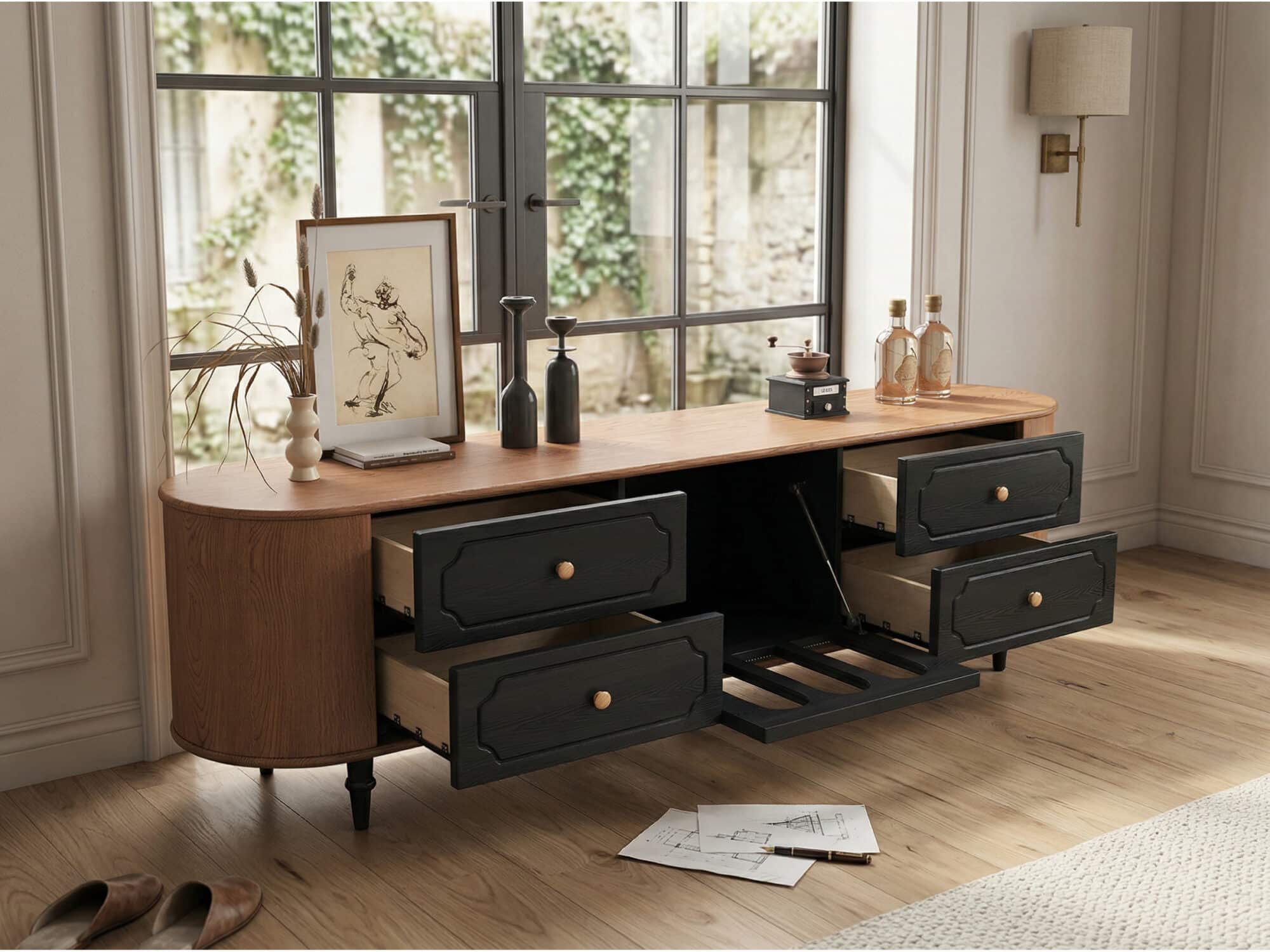 Modern TV Stand Black and Wood Color Spacious Storage 相册图 #3 scene