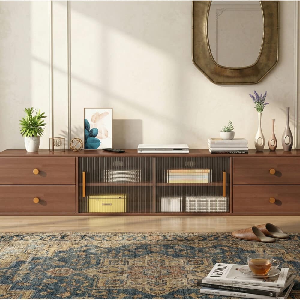 Modern Walnut Wood TV Stand with Storage Cabinet - scene - 相册图 #3 Modern Walnut Wood TV Stand with Storage Cabinet 相册图 #3 scene