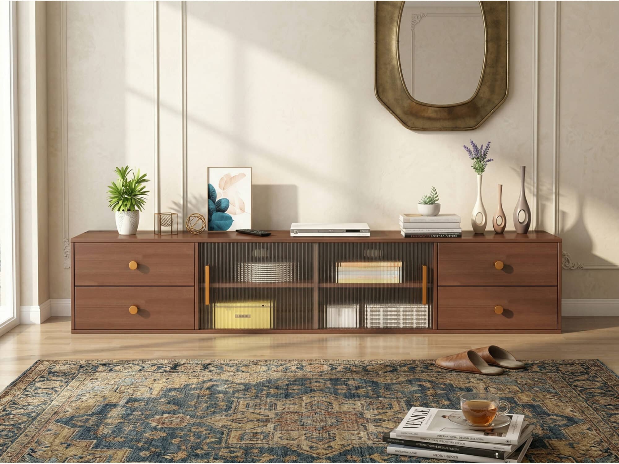 Modern Walnut Wood TV Stand with Storage Cabinet - scene - 相册图 #3 Modern Walnut Wood TV Stand with Storage Cabinet 相册图 #3 scene