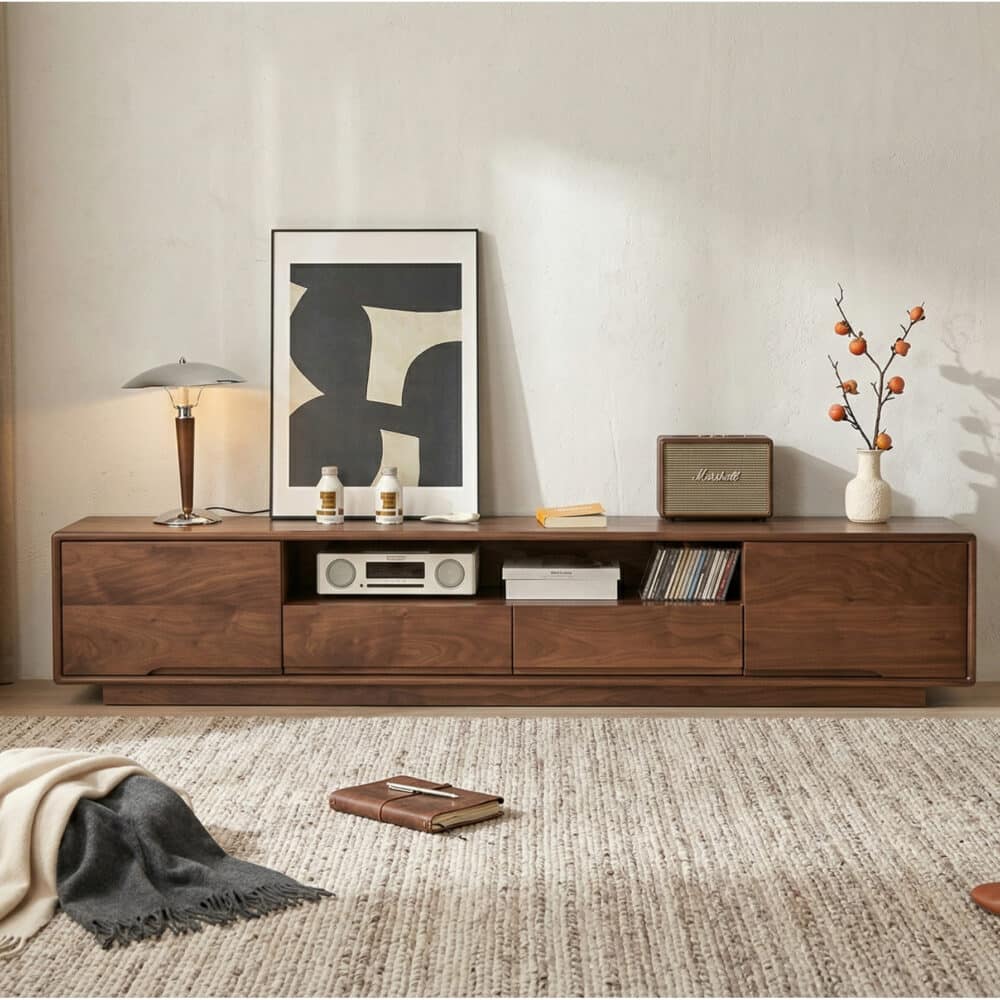 Modern Walnut Wood TV Stand with Storage Cabinets 商品主图 scene