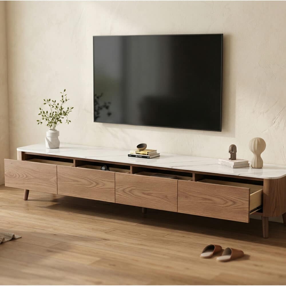 Modern Wood TV Stand with Marble Top and Storage Drawers - scene - 商品主图 Modern Wood TV Stand with Marble Top and Storage Drawers 商品主图 scene