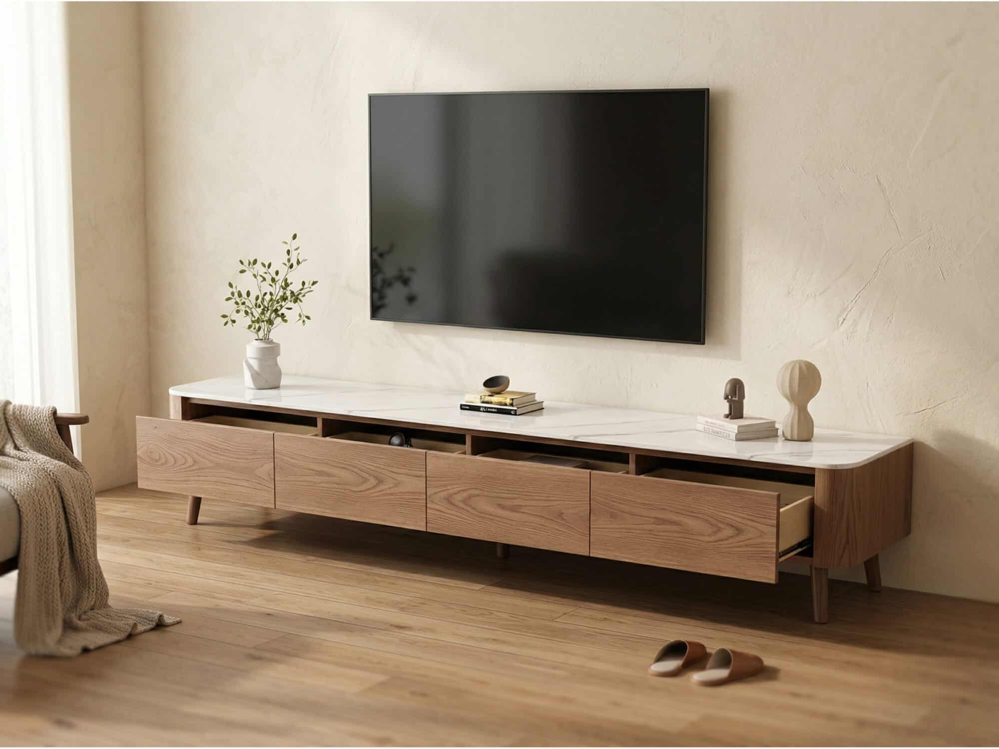 Modern Wood TV Stand with Marble Top and Storage Drawers - scene - 商品主图 Modern Wood TV Stand with Marble Top and Storage Drawers 商品主图 scene