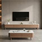 Modern Wood TV Stand with Marble Top and Storage Drawers 相册图 #3 scene