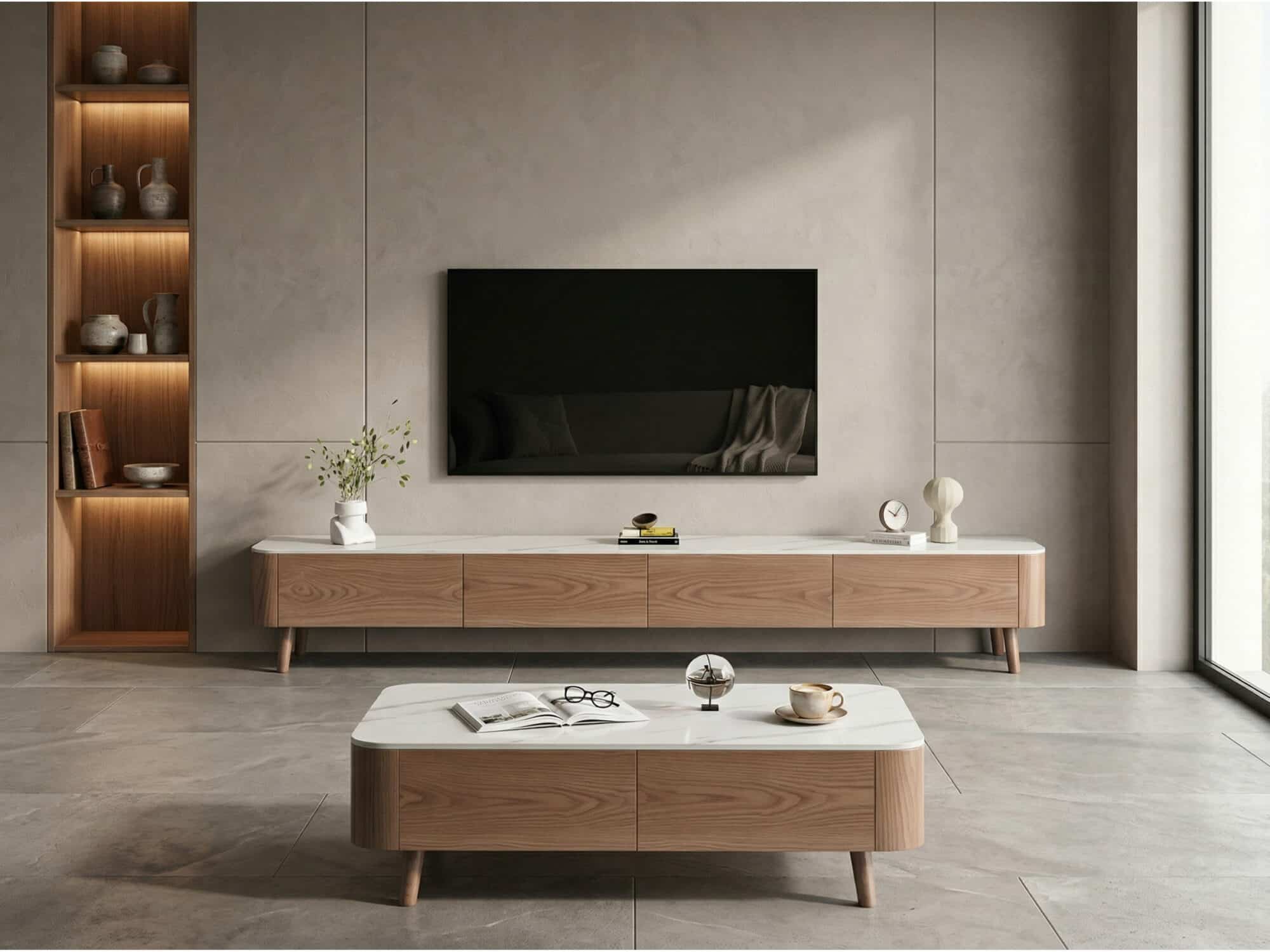 Modern Wood TV Stand with Marble Top and Storage Drawers - scene - 相册图 #3 Modern Wood TV Stand with Marble Top and Storage Drawers 相册图 #3 scene