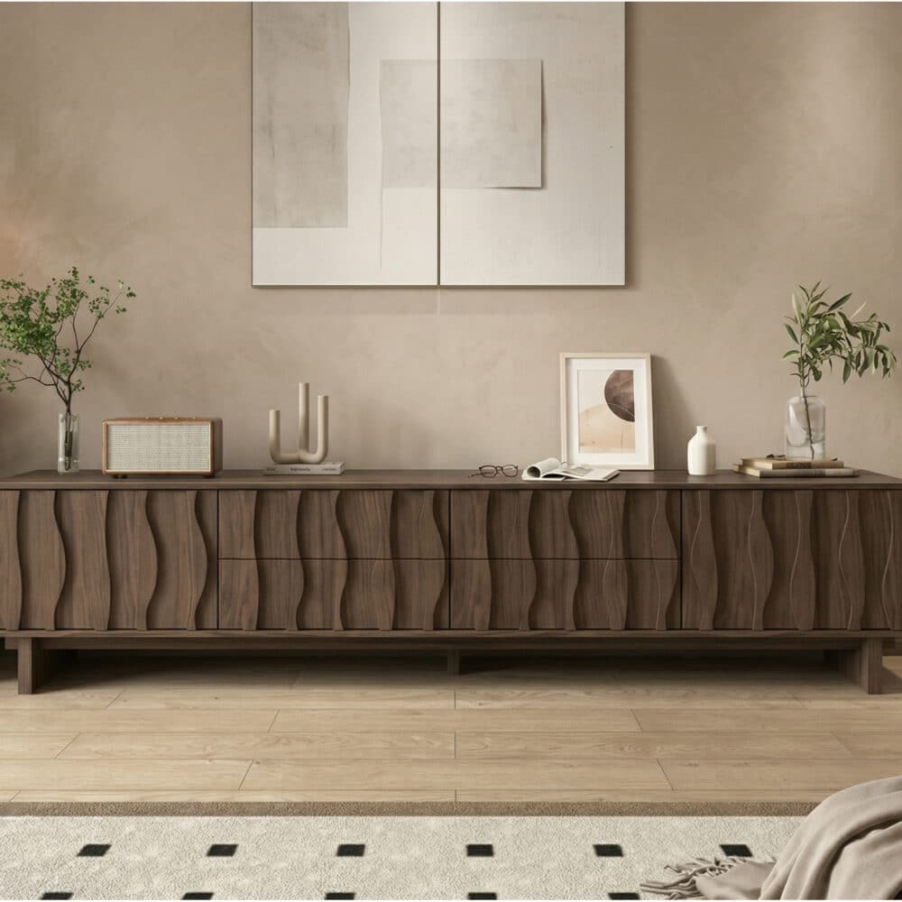 Nut-Brown Wave Texture Rectangle Wood Drawers TV Stand 商品主图 scene