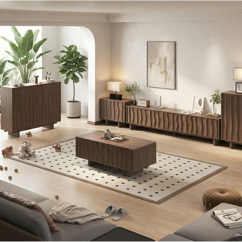 Nut-Brown Wave Texture Rectangle Wood Drawers TV Stand 相册图 #2 scene