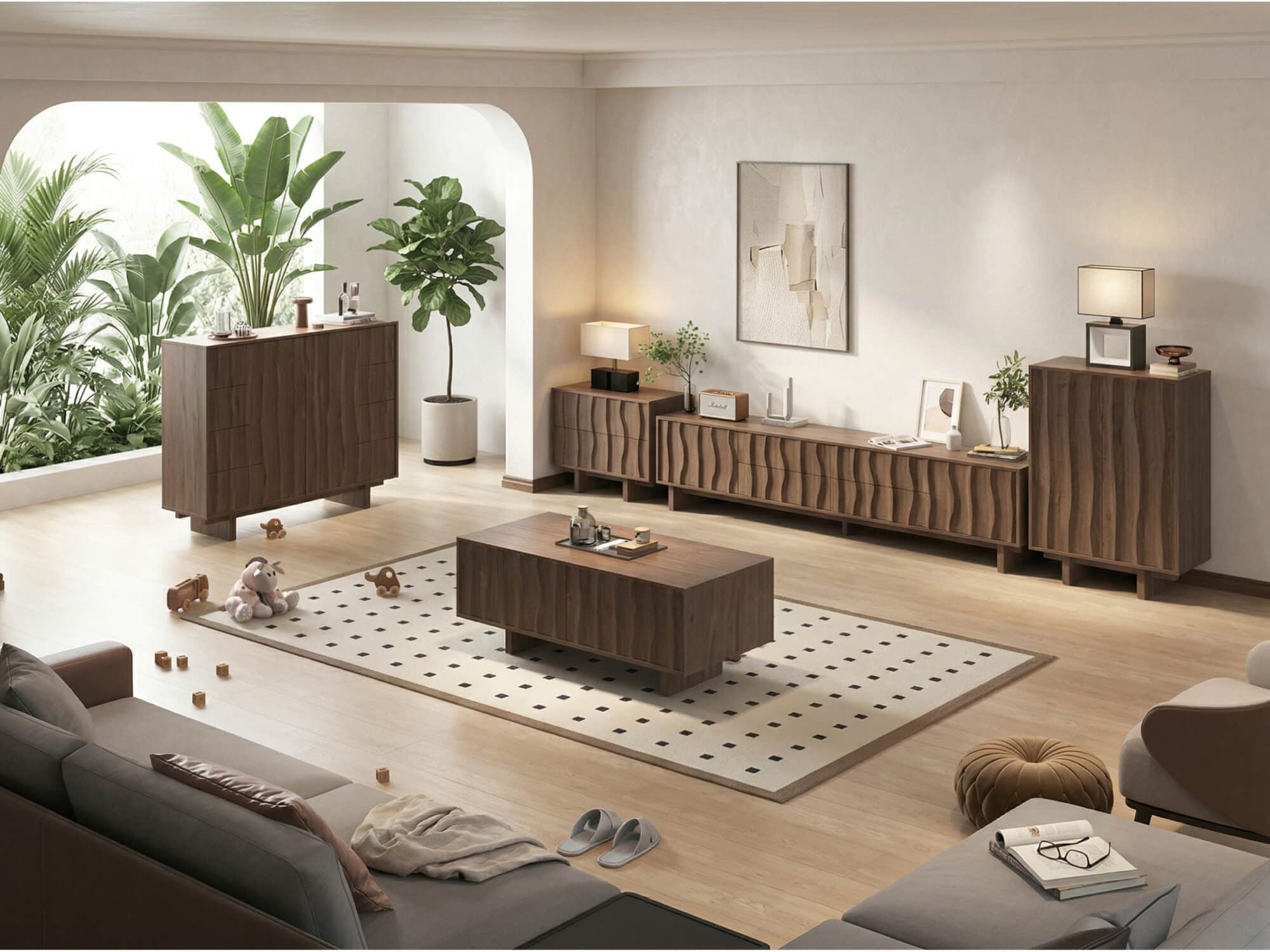 Nut-Brown Wave Texture Rectangle Wood Drawers TV Stand 相册图 #2 scene