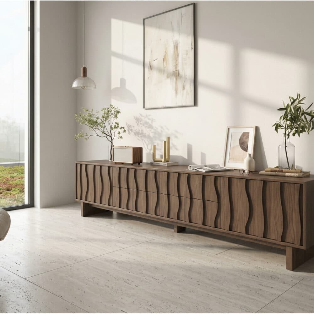 Nut-Brown Wave Texture Rectangle Wood Drawers TV Stand 相册图 #3 scene