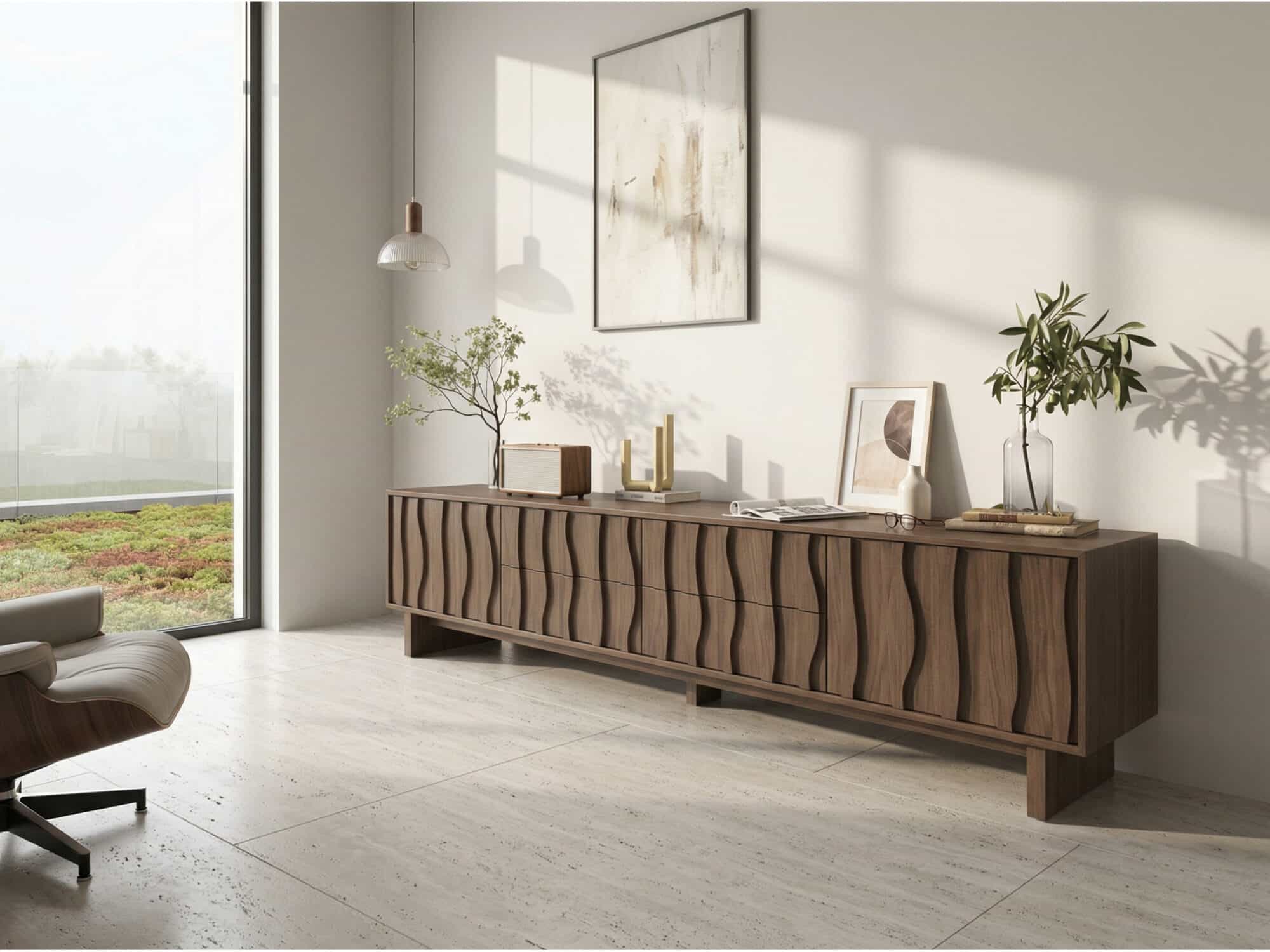 Nut-Brown Wave Texture Rectangle Wood Drawers TV Stand 相册图 #3 scene