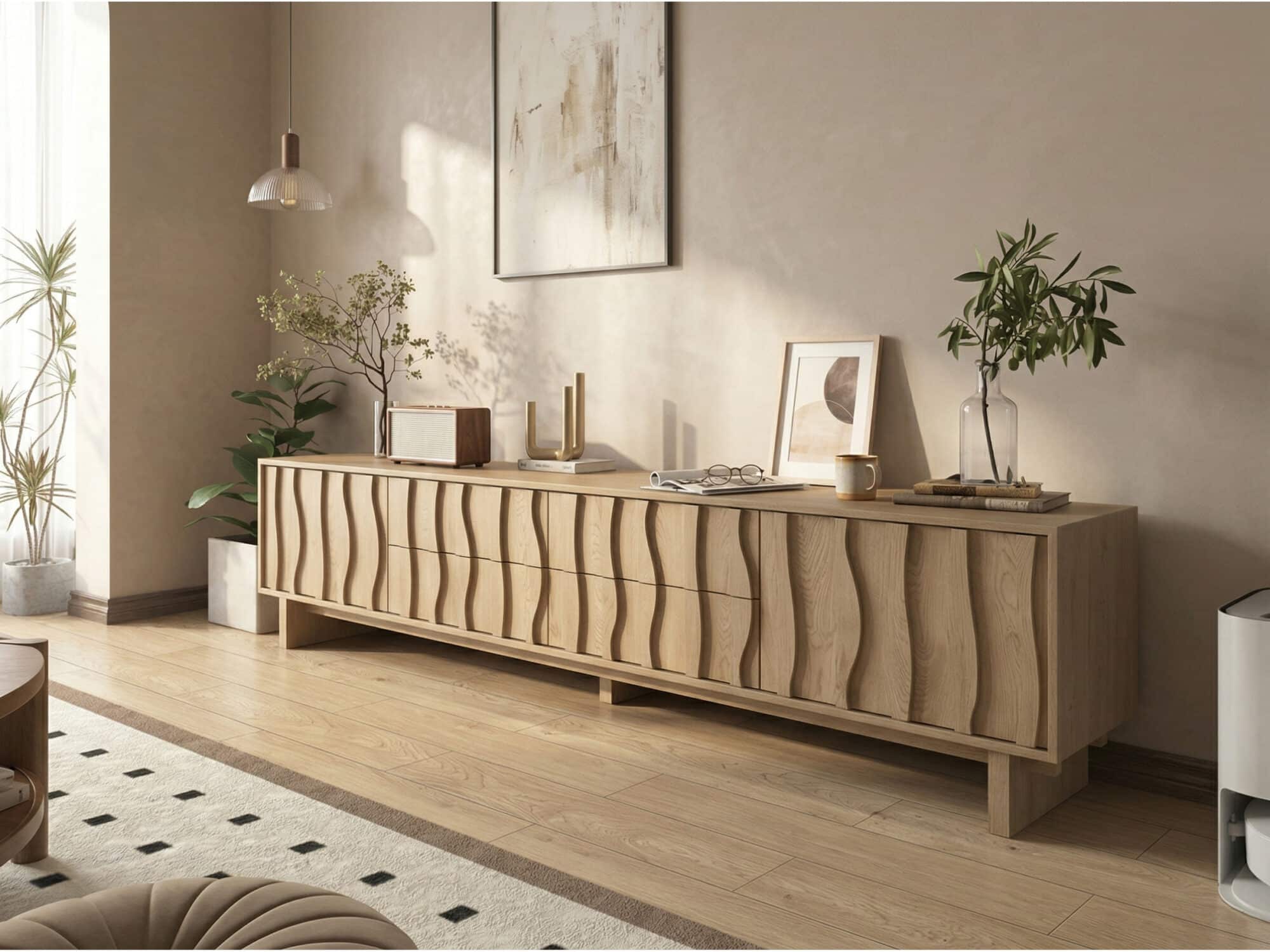 Nut-Brown Wave Texture Rectangle Wood Drawers TV Stand 相册图 #5 scene