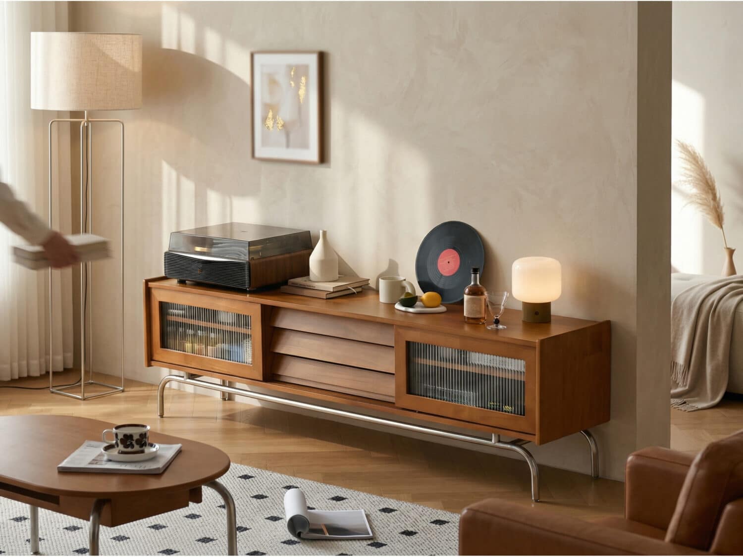 Scandinavian Brown Rubberwood Shelves Cabinet TV Stand 商品主图 scene