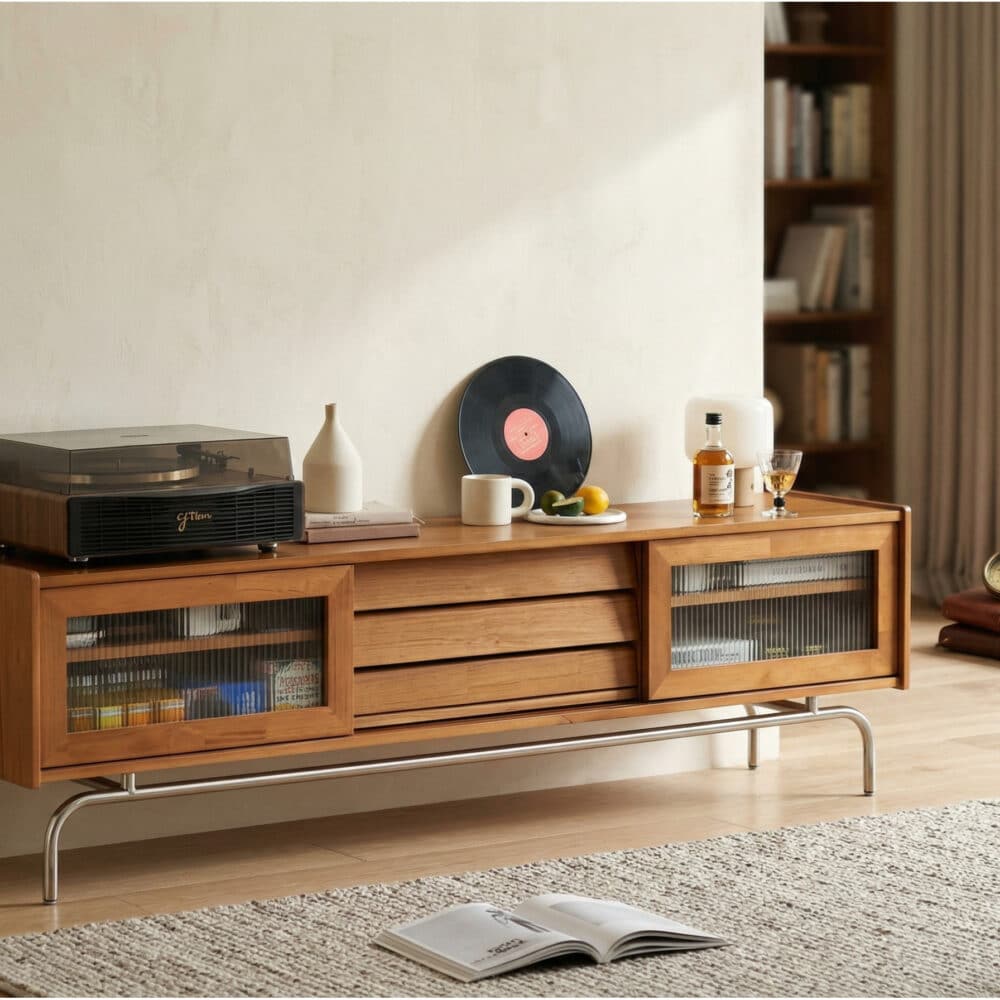 Scandinavian Brown Rubberwood Shelves Cabinet TV Stand 相册图 #2 scene