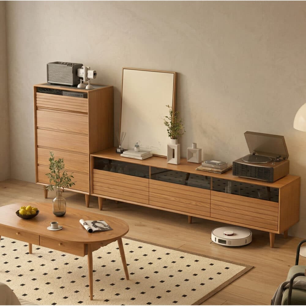 Scandinavian Natural Finish Cherry Drawers TV Stand 相册图 #1 scene