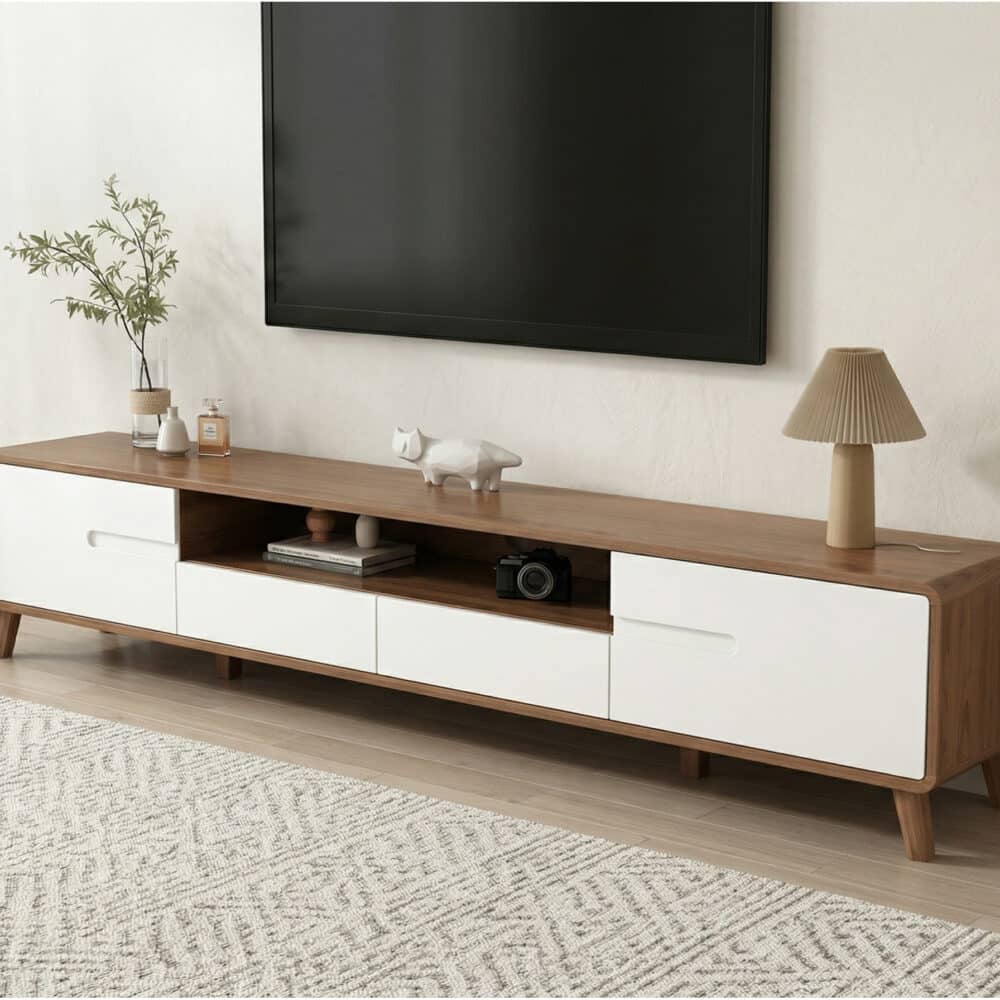 Scandinavian Walnut Wood TV Stand with Cabinet Storage 相册图 #1 scene