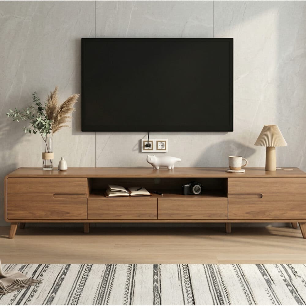 Scandinavian Walnut Wood TV Stand with Cabinet Storage 相册图 #2 scene
