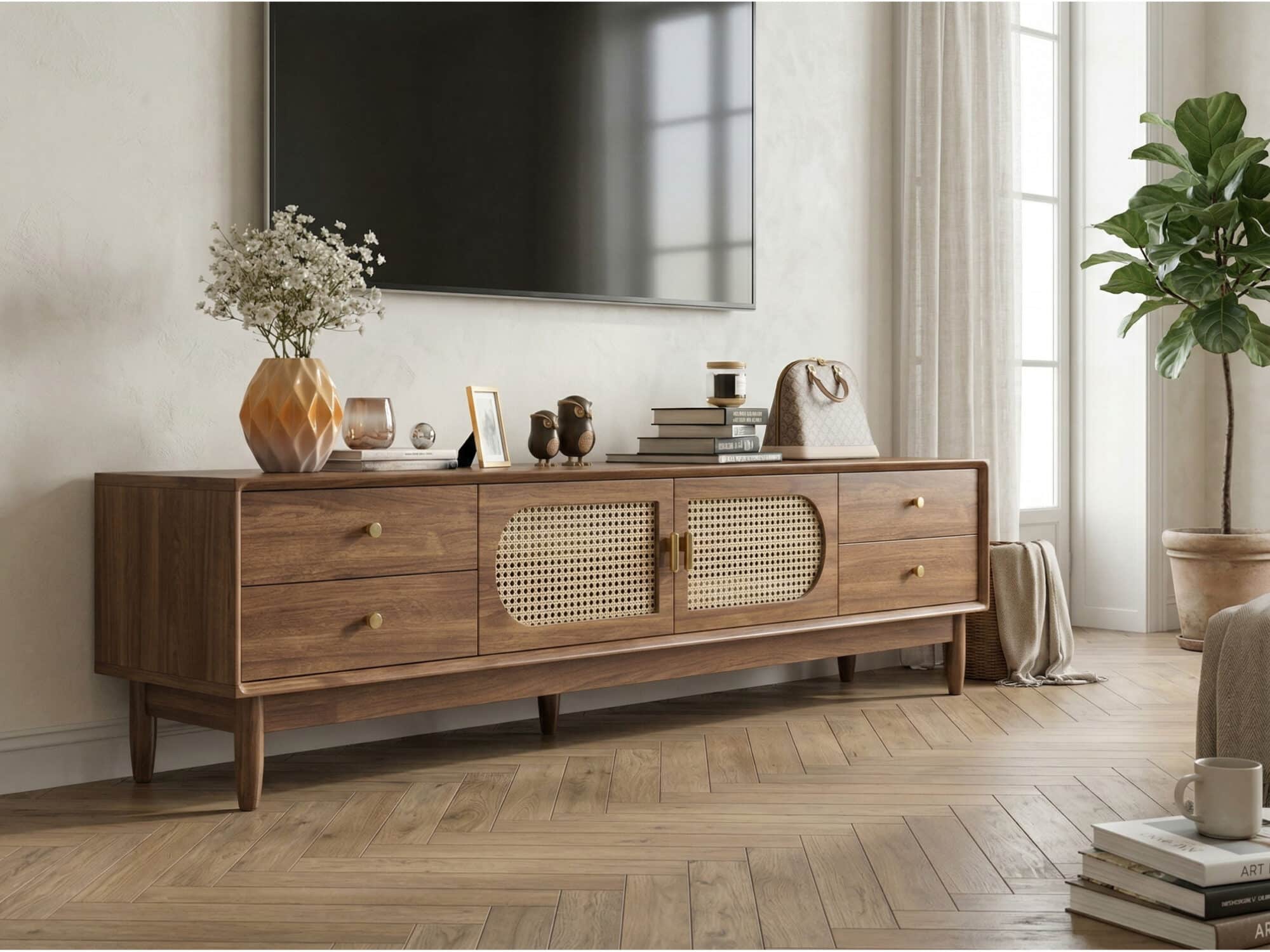 Traditional Brown Rubberwood Ventilated TV Stand 相册图 #4 scene