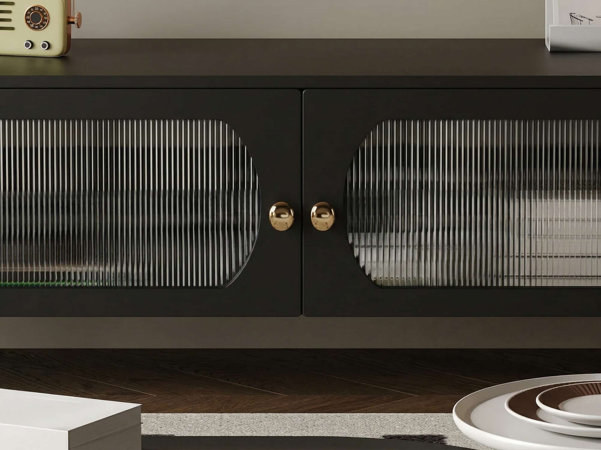 TV Stand Elegant Arch Design TV Console with Center Sliding Doors 相册图 #4 resized