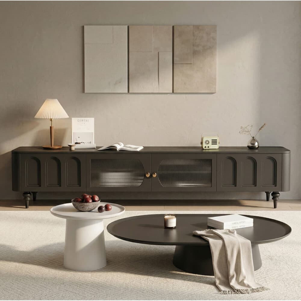 TV Stand Elegant Arch Design TV Console with Center Sliding Doors 相册图 #1 scene