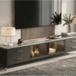 White-Black Stone Cabinet TV Stand with Lighting 变体图 / color: Dark Gray/ Black / size: 71"L x 16"W x 18"H scene