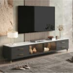 White-Black Stone Cabinet TV Stand with Lighting 变体图 / color: White-Black / size: 63"L x 16"W x 18"H scene