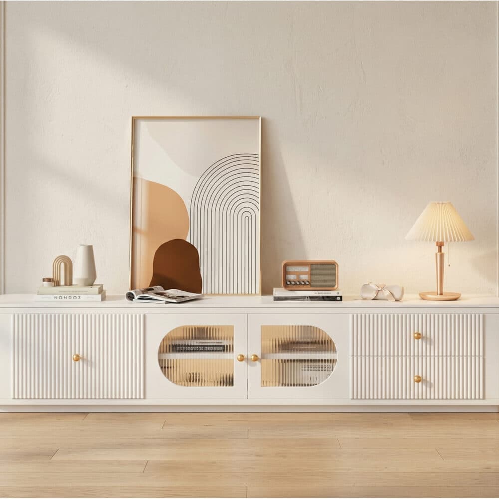 White Stone Rectangle Storage TV Stand with Lighting 变体图 / size: 78.7"L x 13.8"W x 13.8"H scene