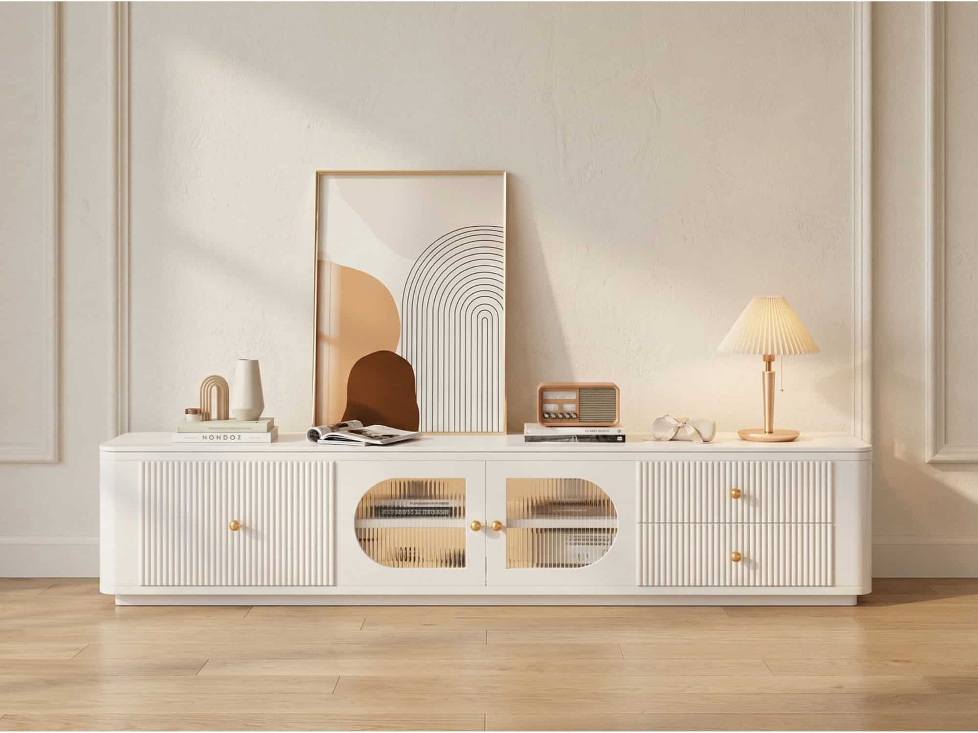 White Stone Rectangle Storage TV Stand with Lighting 变体图 / size: 78.7"L x 13.8"W x 13.8"H scene