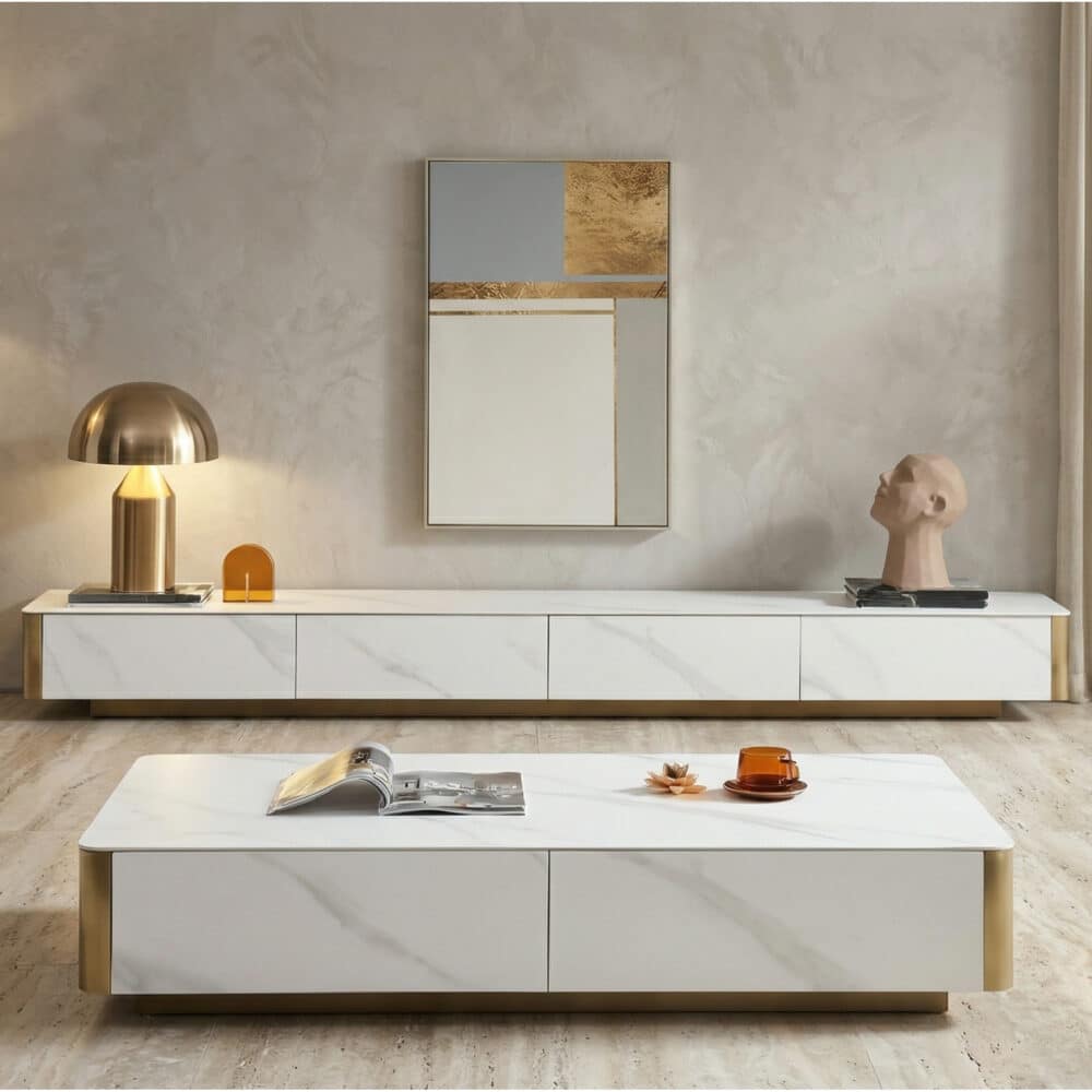 White Stone Rectangular Enclosed Storage TV Stand 商品主图 scene