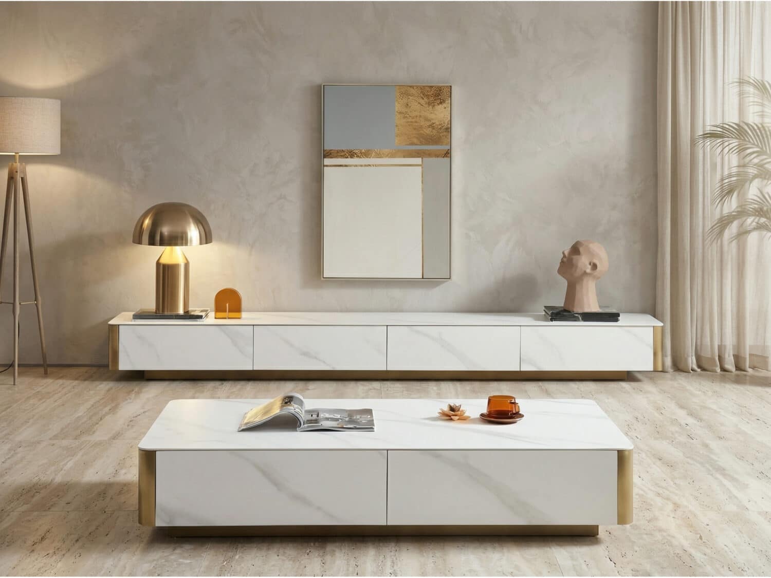 White Stone Rectangular Enclosed Storage TV Stand 商品主图 scene