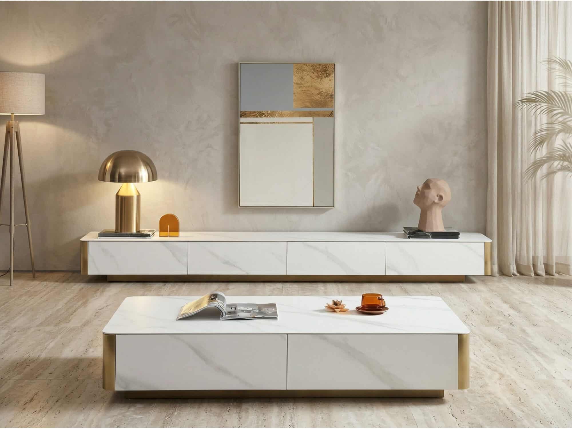 White Stone Rectangular Enclosed Storage TV Stand 商品主图 scene
