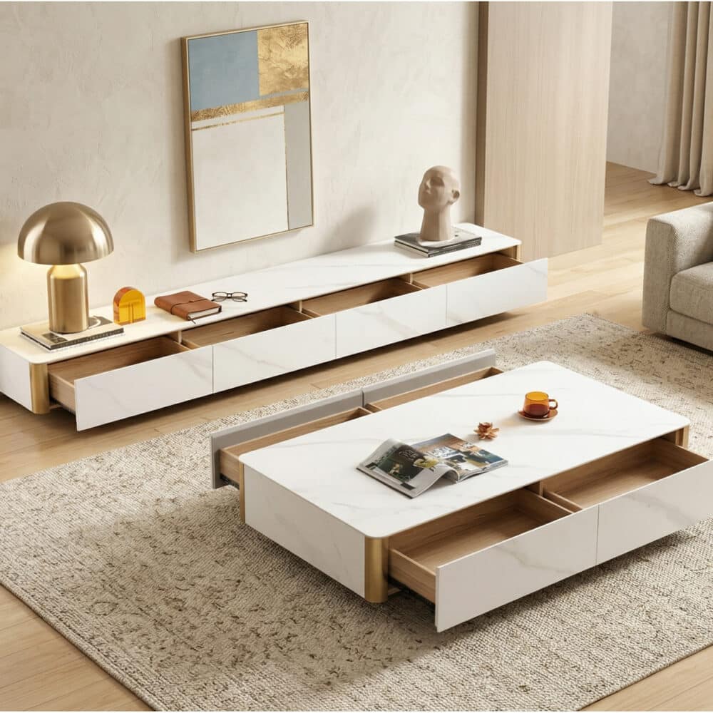 White Stone Rectangular Enclosed Storage TV Stand 相册图 #2 scene